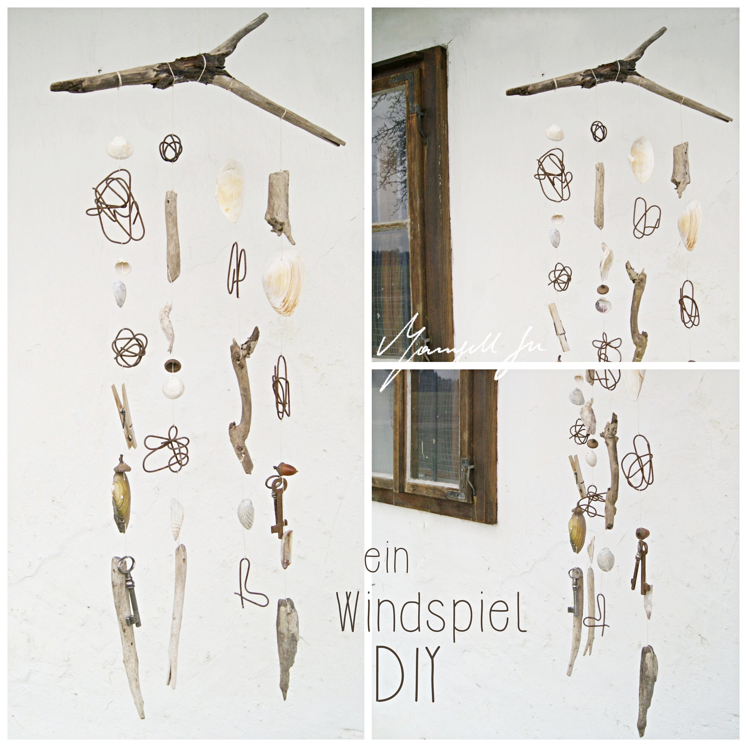 Wind chime from beach findings DIY, Windspiel aus Schwemmholz, Fundstücken aus Metall, Deko aus Muscheln, Tutorial, Bastelanleitung, Windspiel selber machen, DIY, wind chime, Basteln mit Kindern, Strand Fundstücke, Maritime Dekoidee, Schätze aus der Natur, Basteln mit Naturmaterialien