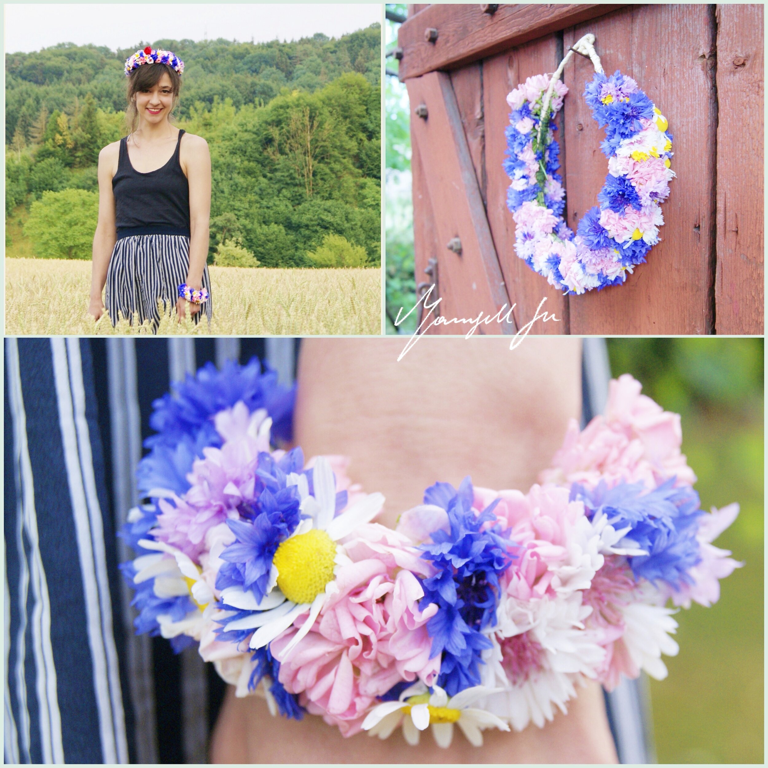 Blumenkranz mit wilden Sommerblumen, DIY, floral wreath with wild summer flowers, Anleitung, Blumenkranz, Sommerblumen, blaue Kornblume, wilde Rosen, Margarite, Blumenkranz binden, Tutorial