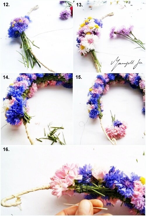 Blumenkranz mit wilden Sommerblumen, DIY, floral wreath with wild summer flowers, Anleitung, Blumenkranz, Sommerblumen, blaue Kornblume, wilde Rosen, Margarite, Blumenkranz binden, Tutorial