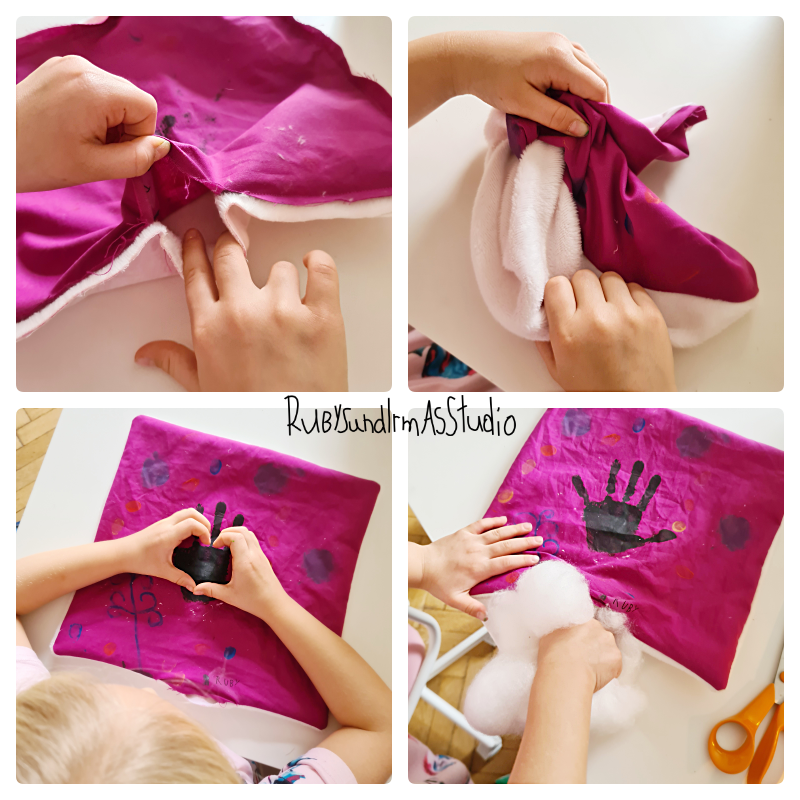 Tutorial, Anleitung, Kids DIY, Kinderbasteln, Basteln mit Kinder, nähen lernen, Kissen nähen, Schritt für Schritt erklärt, Stoff bemalen, Stofffarben, Rubys und Irmas Studio, easy DIY, einfaches DIY, einfach nähen, sew a pillow, sewing instruction, sewing for kids, sewing for children