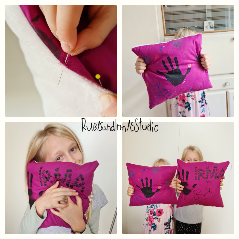 Tutorial, Anleitung, Kids DIY, Kinderbasteln, Basteln mit Kinder, nähen lernen, Kissen nähen, Schritt für Schritt erklärt, Stoff bemalen, Stofffarben, Rubys und Irmas Studio, easy DIY, einfaches DIY, einfach nähen, sew a pillow, sewing instruction, sewing for kids, sewing for children