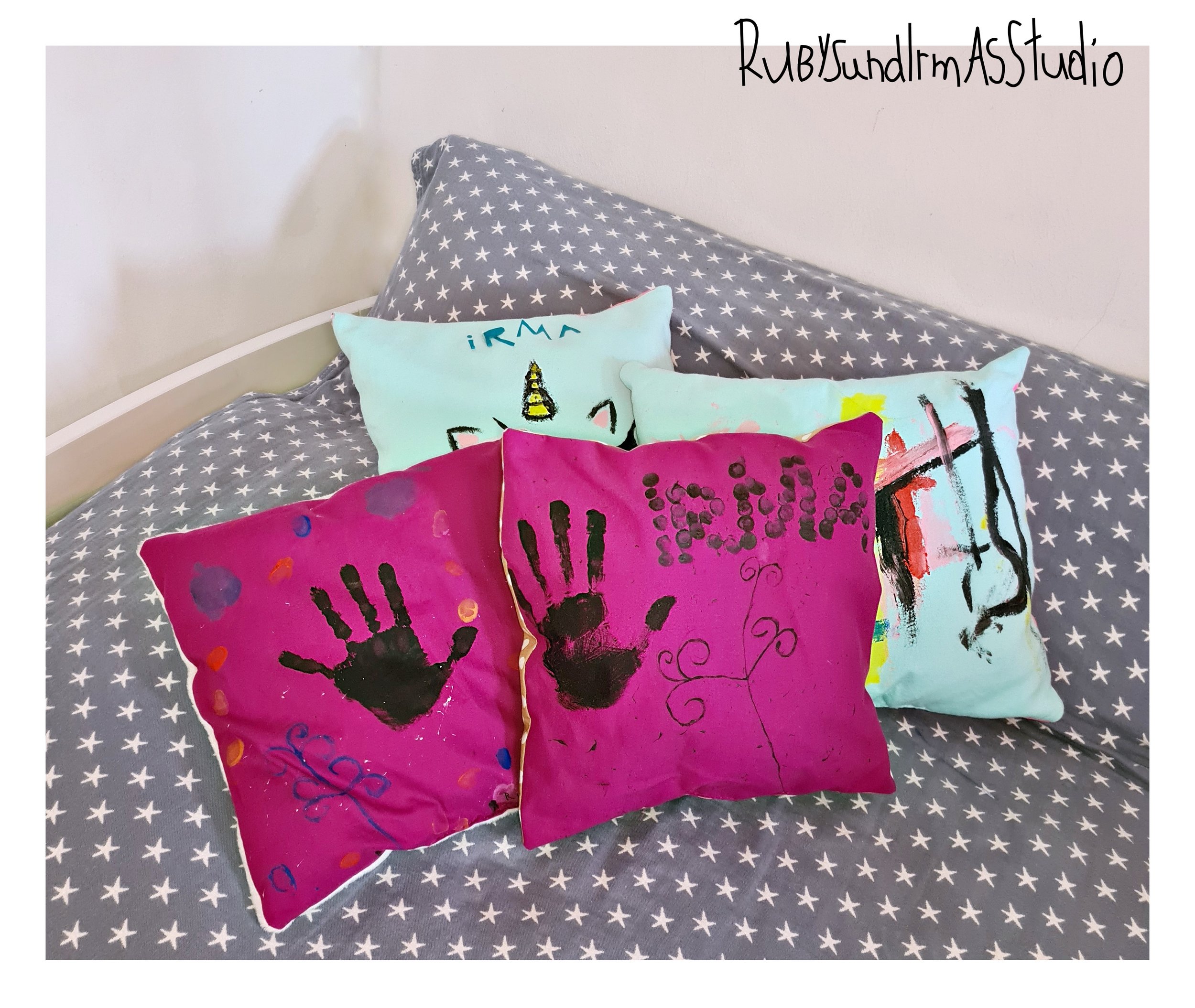 Tutorial, Anleitung, Kids DIY, Kinderbasteln, Basteln mit Kinder, nähen lernen, Kissen nähen, Schritt für Schritt erklärt, Stoff bemalen, Stofffarben, Rubys und Irmas Studio, easy DIY, einfaches DIY, einfach nähen, sew a pillow, sewing instruction, sewing for kids, sewing for children