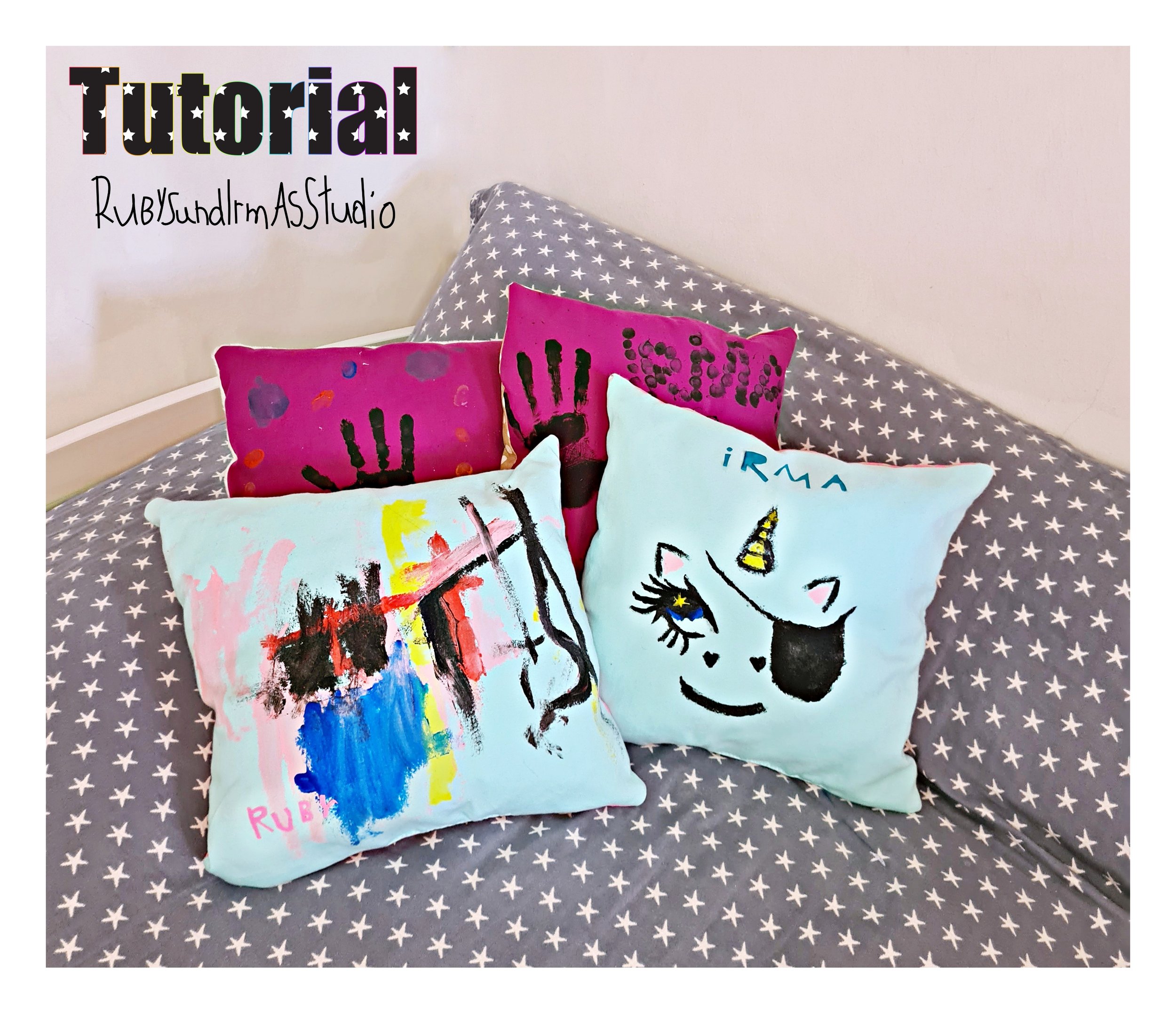 Tutorial, Anleitung, Kids DIY, Kinderbasteln, Basteln mit Kinder, nähen lernen, Kissen nähen, Schritt für Schritt erklärt, Stoff bemalen, Stofffarben, Rubys und Irmas Studio, easy DIY, einfaches DIY, einfach nähen, sew a pillow, sewing instruction, sewing for kids, sewing for children