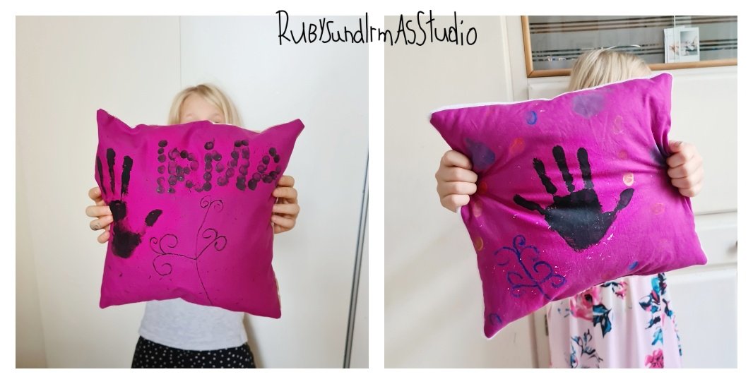 Tutorial, Anleitung, Kids DIY, Kinderbasteln, Basteln mit Kinder, nähen lernen, Kissen nähen, Schritt für Schritt erklärt, Stoff bemalen, Stofffarben, Rubys und Irmas Studio, easy DIY, einfaches DIY, einfach nähen, sew a pillow, sewing instruction, sewing for kids, sewing for children