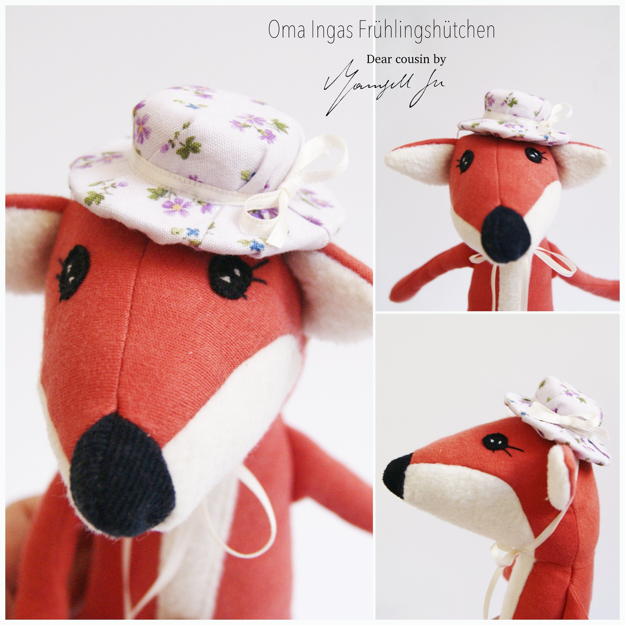 Dear Cousin stories, dear cousin doll, Oma Inga Fuchs, Stoffpupp, fabric doll, doll pattern, Schnittmuster, Stoffpuppe, Grandma Fox, Fox doll, Fuchs Stoffpuppe, Mamsell Su, Puppenhut basteln, Puppenhut DIY, Geschichten aus Schweden, schwedische Natur, schwedische Bräuche, Hutmacher, Blumenhut, Frühlingshut, Businesshut, tutorial