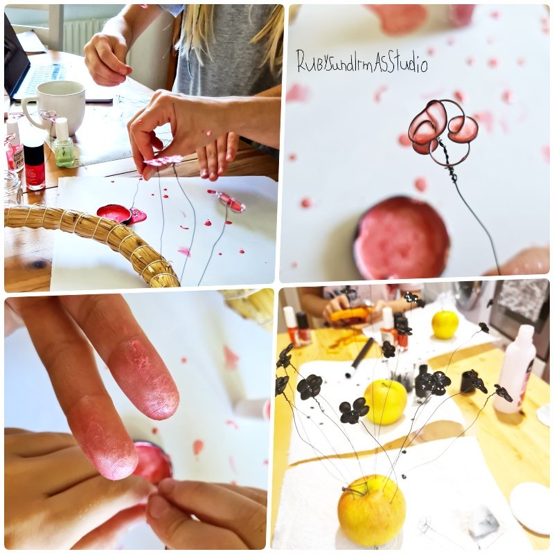 wire flower DIY, tutorial, Bastelanleitung, DIY Kids, Basteln mit Kindern, Rubys und Irmas Studio, Blumen aus Nagellack, selber machen, Anleitung Drahtblumen, Drahtkunst, Blumen aus Draht formen, Blumen Haarspange basteln, kinderleicht, Kinderkunst, nailpolish flower, Haarspange aus Drahtblumen