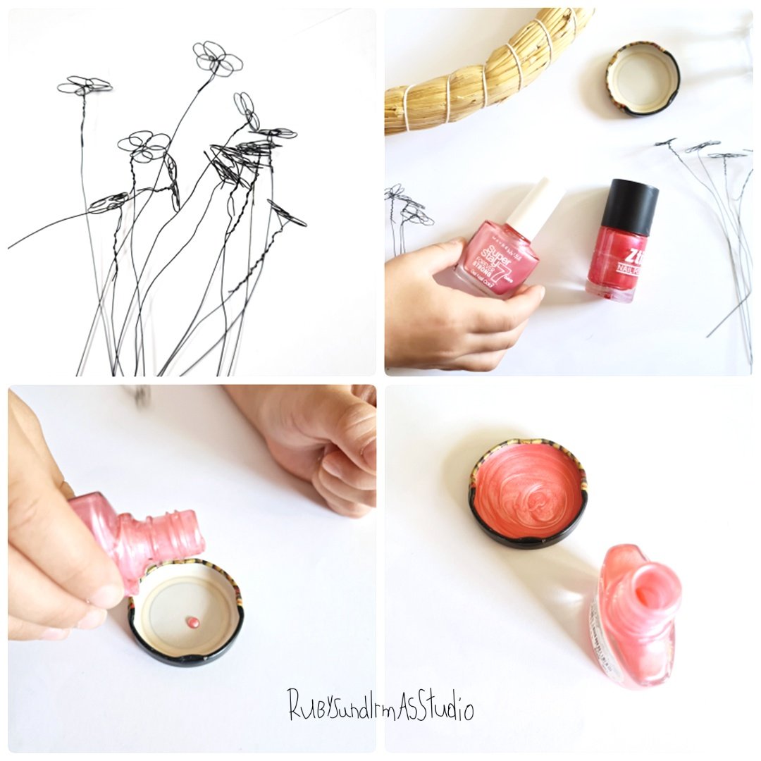 wire flower DIY, tutorial, Bastelanleitung, DIY Kids, Basteln mit Kindern, Rubys und Irmas Studio, Blumen aus Nagellack, selber machen, Anleitung Drahtblumen, Drahtkunst, Blumen aus Draht formen, Blumen Haarspange basteln, kinderleicht, Kinderkunst, nailpolish flower, Haarspange aus Drahtblumen