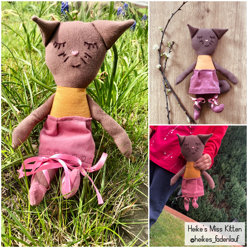 Probenähen Stoffpuppe, Stoffpuppe "Miss Kitten", Dear cousin dolls, Stoffkatze, Mamsell Su, cloth doll, doll cat, test sewing, doll sewing pattern, doll pattern, Schnittmuster und Nähanleitung, pdf-Schnittmuster, Stoffpuppe selber nähen, Heikes Fadenlauf