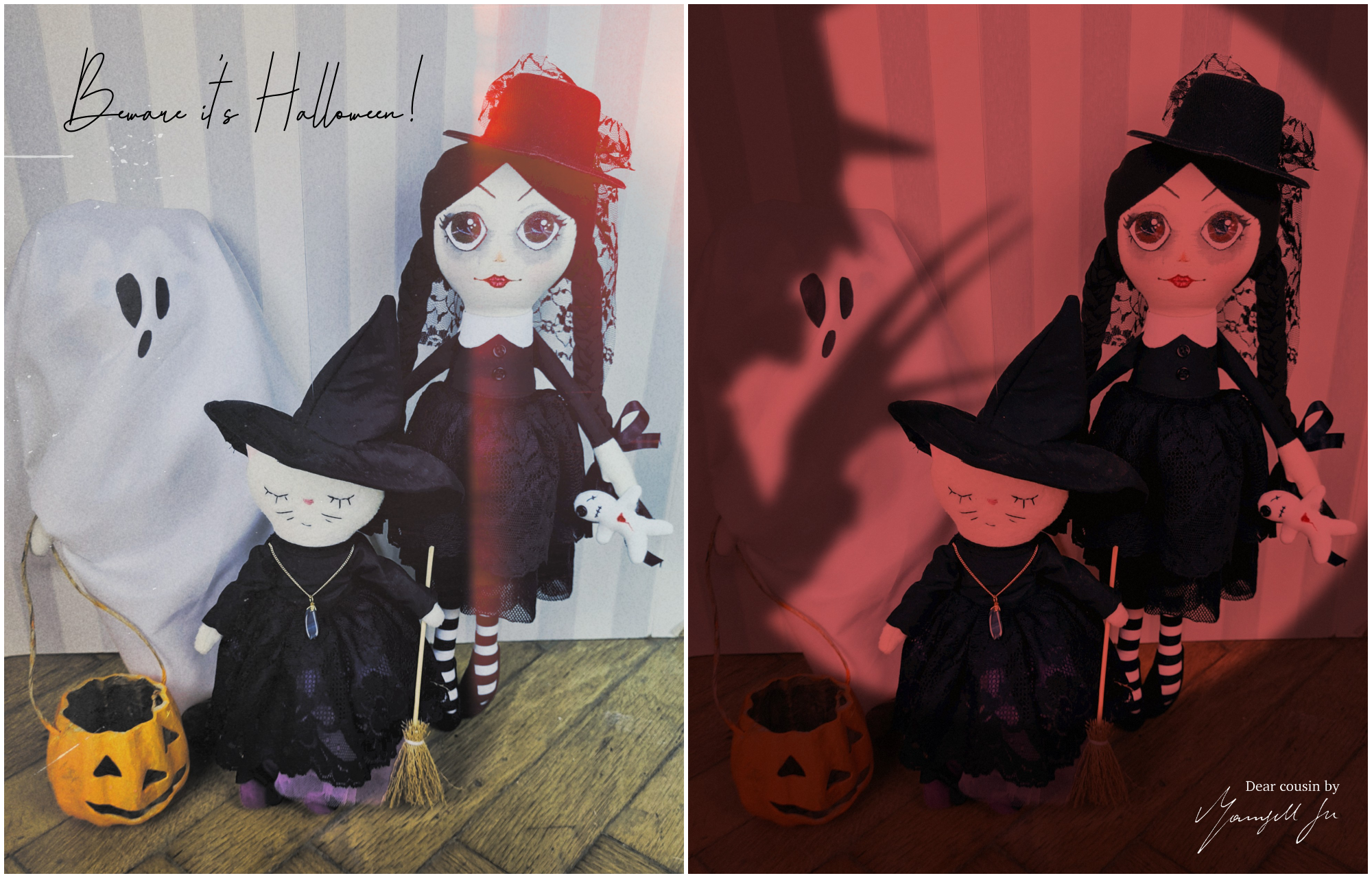 Gothic doll, The wicked witch, ghost doll, Halloween doll, rag doll, cloth doll, Halloween Stoffpuppe, gruselige Puppe, Schnittmuster, sewing pattern, dear cousin stories, dear cousin dolls, Mamsell Su, Sixten, Anneli, Miss Kitten, Halloween Kostüme, costumes, creepy dolls, Jack the lantern, witch doll, Hexenpuppe, Geisterpuppe, gothic Puppe