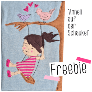 Augensternswelt Bloggeburtstag, Stoffkarte nähen, Applikation, Nähapplikation, Mädchen auf Schaukel, appliqué, girl on a swing, Nähbild, free download, free template, freebie, Applikationsvorlage gratis, nähmalen, Anneli schaukelt, dear cousin dolls, Mamsell Su, Bild nähen