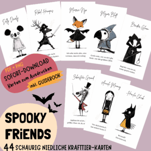 Mamsell Su, Printables, Halloween, Mutmachkarten, Gefühlskarten, SEL cards, Emotionskarten, Affirmationskarten für Kinder, spooky Friends, Krafttierkarten, Spirit animals, Krafttiere, Achtsamkeitskarten, Printable Karten, Krafttierkarten, Halloween, Coaching Karten, Affirmationskarten, Unterrichtsmaterial, Gefühlskarten, Krafttiere für Kinder, Therapiekarten