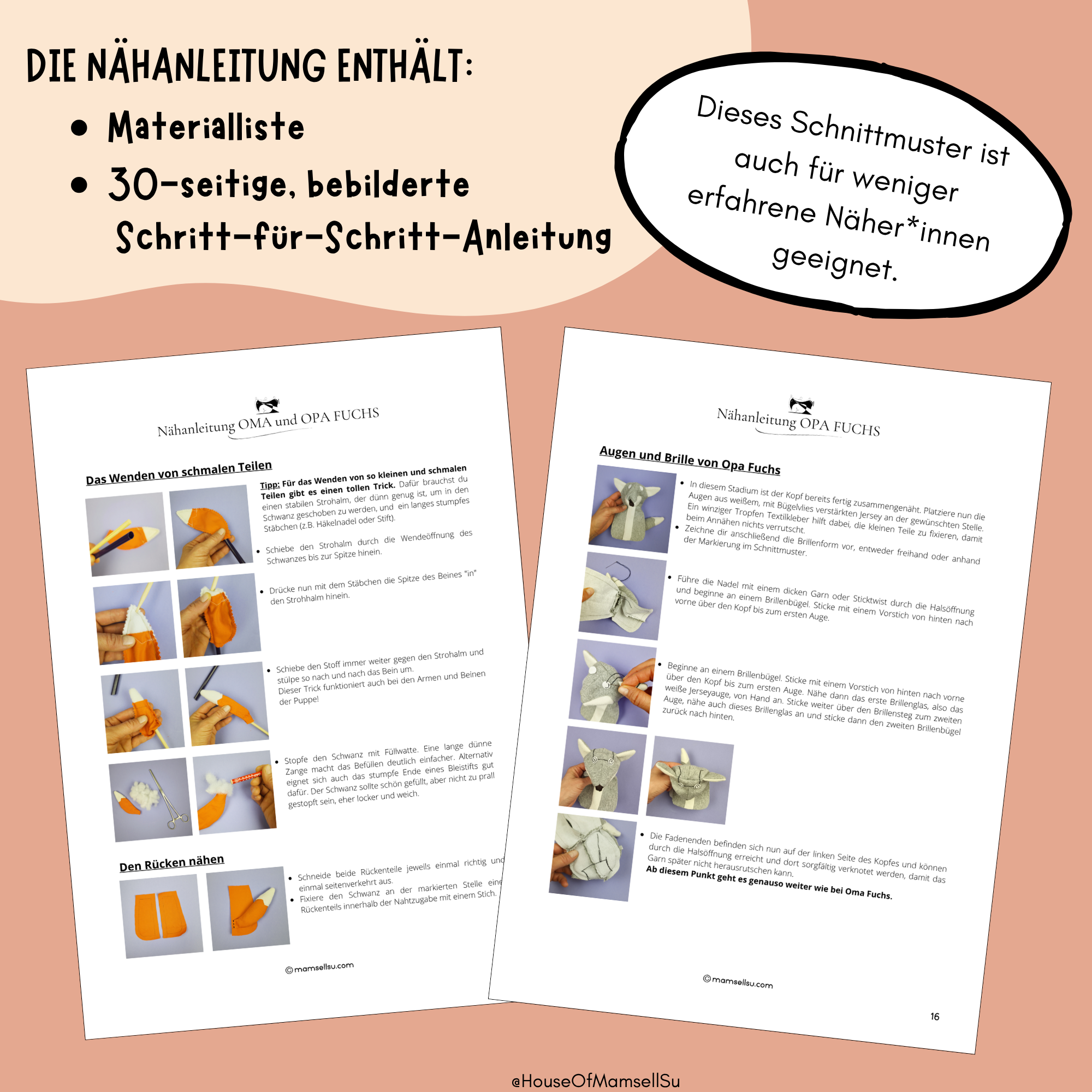 Schnittmuster und Nähanleitung, Mamsell Su, Dear Cousin Dolls, Fuchspuppen, Stoffpuppe, Füchse, Waldtiere nähen, Oma und Opa Fuchs, Stoffpuppe Fuchs