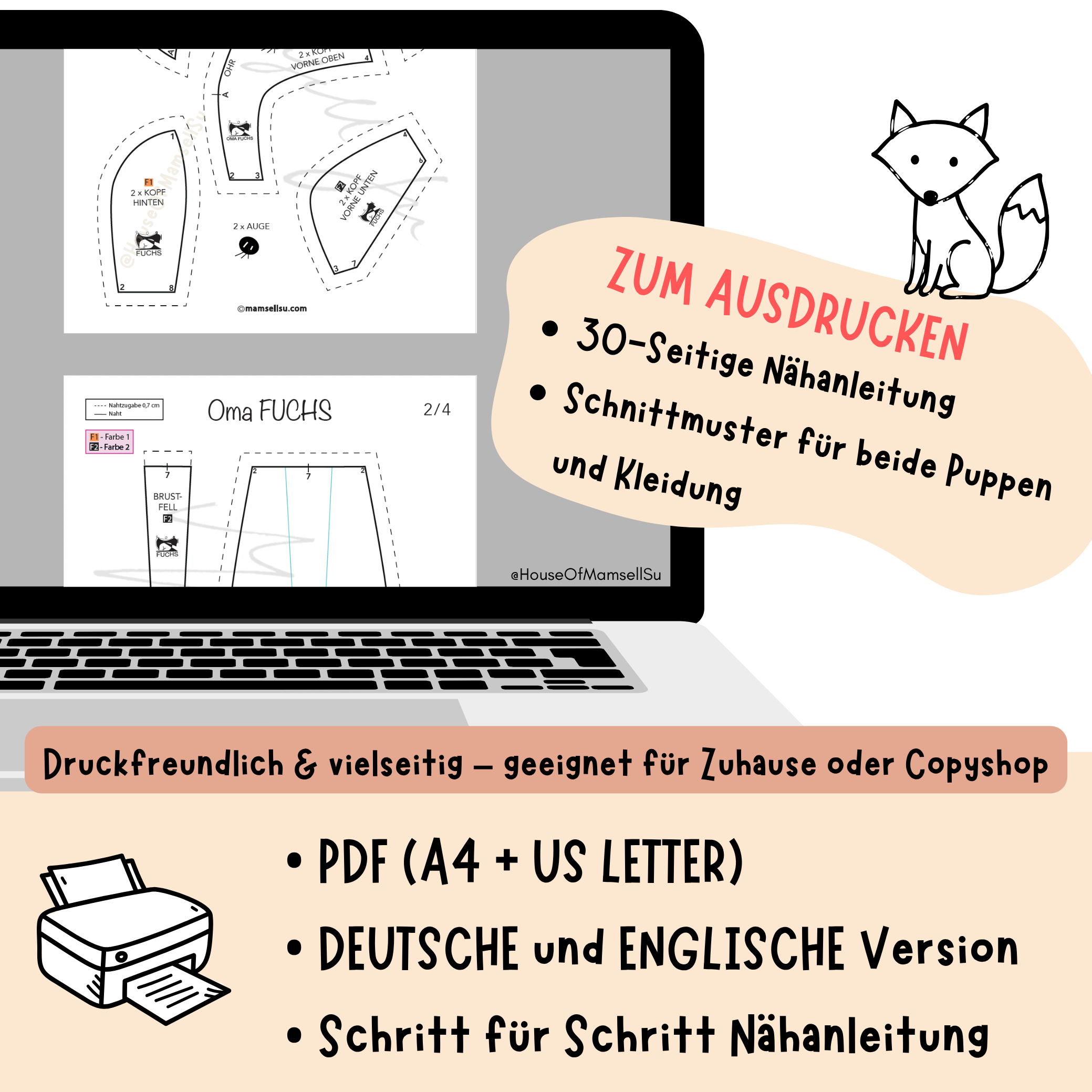 zum ausdrucken, zum download, Schnittmuster und Nähanleitung, Mamsell Su, Dear Cousin Dolls, Fuchspuppen, Stoffpuppe, Füchse, Waldtiere nähen, Oma und Opa Fuchs, Stoffpuppe Fuchs