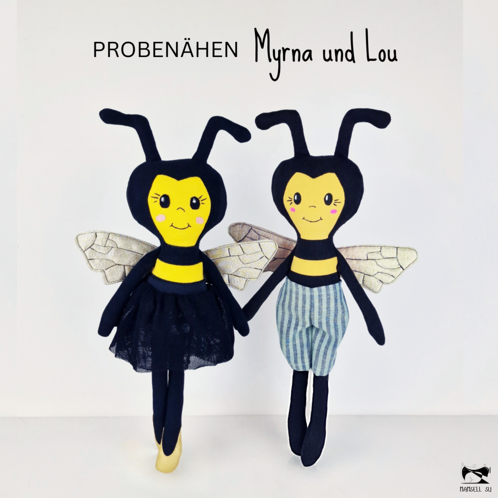 Probenähen Stoffpuppe, Puppe, Stoffpuppe, Biene, Myrna und Lou, Dear cousin dolls, Mamsell Su, cloth doll, test sewing, doll sewing pattern, doll pattern, bee doll, Schnittmuster und Nähanleitung,
Bienenpuppe, pdf-Schnittmuster, Stoffpuppe selber nähen, Schnittmuster, Nähanleitung, Geschenk selber nähen, Biene nähen