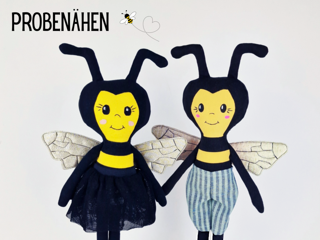 Probenähen Stoffpuppe, Puppe, Stoffpuppe, Biene, Myrna und Lou, Dear cousin dolls, Mamsell Su, cloth doll, test sewing, doll sewing pattern, doll pattern, bee doll, Schnittmuster und Nähanleitung, Bienenpuppe, pdf-Schnittmuster, Stoffpuppe selber nähen, Schnittmuster, Nähanleitung, Geschenk selber nähen, Biene nähen